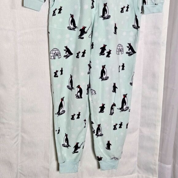 Nick & Nora Mint Green Polka-dots & Winter Penguins One Piece Zip Front Pajamas - Picture 3 of 15
